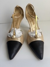 CHANEL CC LOGO FAUX PEARL STRAPS HEEL PUMPS 38.5 US 8-8.5 Two Tone
