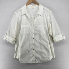 EILEEN FISHER Shirt XL Organic Cotton Woven Roll Tab Sleeve Button Front White