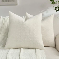 Cream Chenille Throw Pillow Covers 18x18 Inch Set of 2,Soft Striped & Diamond...