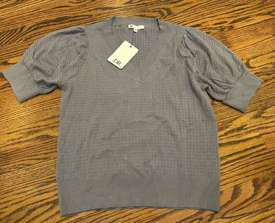 NEW DR2 By Daniel Rainn Women s Pointelle Stitch V-neck Sweater Blue Size L NWT