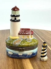 Porcelain Hinged Trinket Box Lighthouse Seashore Ocean Nautical #9