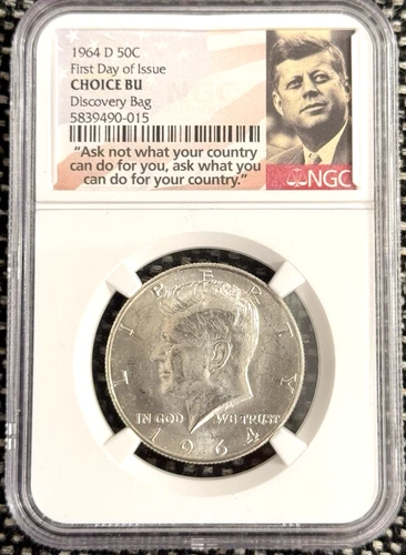 1964 D 50C Kennedy Half Dollar .900 Silver FDI Discovery Bag NGC BU U.S. Coin