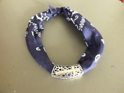 Upcycled Repurposed Bandana Necklace Scarf Cross Slide Clear Rhinestones Ties