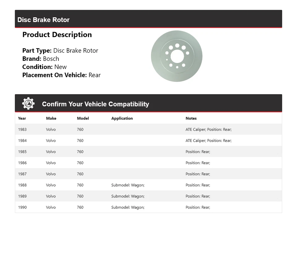 Para 1983-1990 Volvo 760 Bosch QuietCast rotor de freio a disco traseiro 1984 1985 1986 - Imagem 2 de 4