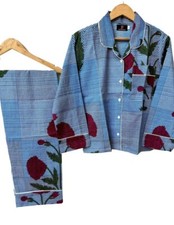 Hand Block Print Pajamas, Floral Print Pure Cotton PJ Set ,Indian Night WearOpen