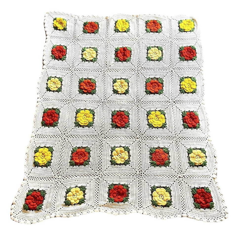 Vintage Handmade CROCHET AFGHAN Granny Squares Flowers Blanket Throw