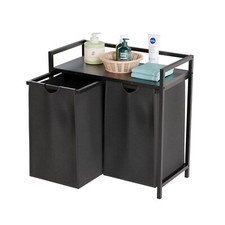 DMD | 95L Double Dirty Laundry Basket Pull Out Removable Bags With Wooden Shelf