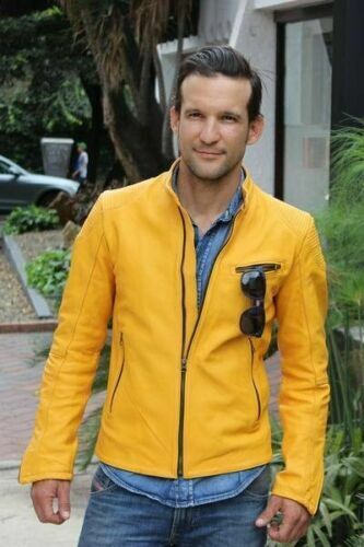 Men's Vintage Biker Leather Jacket Yellow Cafe Racer Bomber Motorcycle-image