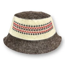 Wool Sauna Panama Hat with Red Embroidered Pattern - Natural Felt Bath Hat