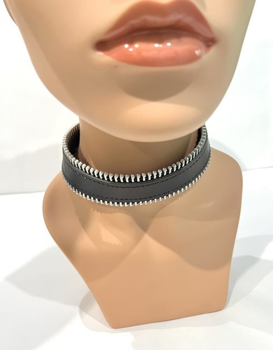 Leather Choker Zipper Trim Snap Closure Adjustable Collar 1.25” Wide