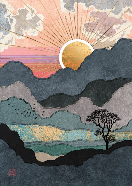 Mountain Sunset Scenics Gold Foil Embossed Blank Card Bug Art