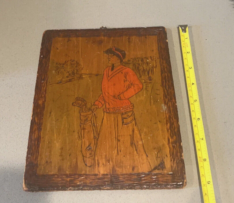 复古高尔夫主题艺术家 Pyrography 木蚀刻壁挂;Christy Girl 高尔夫球手 — 第 3/4 张图片