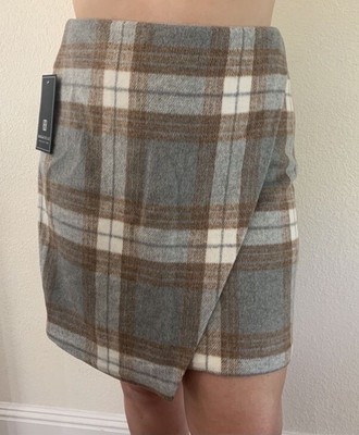 Vintage Inspired Bagatelle Fleece Faux Wrap Skirt Gray Ivory Brown Plaid Size M
