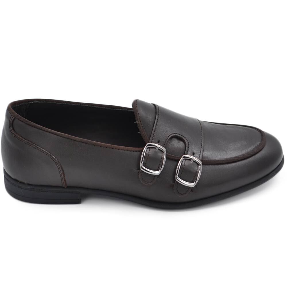 Mocassini Uomo In Vera Pelle Marrone Con Fibbia - Scarpe Derby Vintage Business, Fondo In Cuoio, Tacco Piatto, Vestibilità Normale