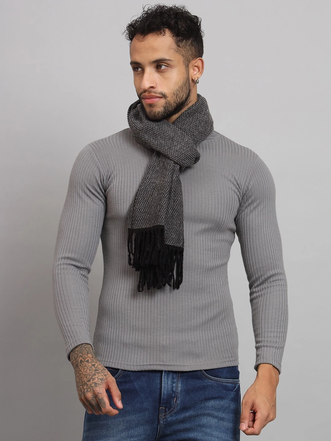 Men's 100% CASHMERE Scarf SOLID BLACK GRAY Made in India WINTER Wool Wrap Scarf