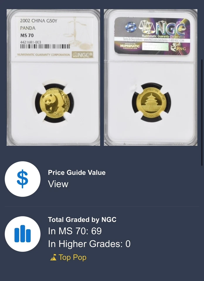 2002 50 Yuan China 1/10 Oz Gold Panda Coin • NGC MS 70 • High Letter Variety (上) - Image 2 of 4