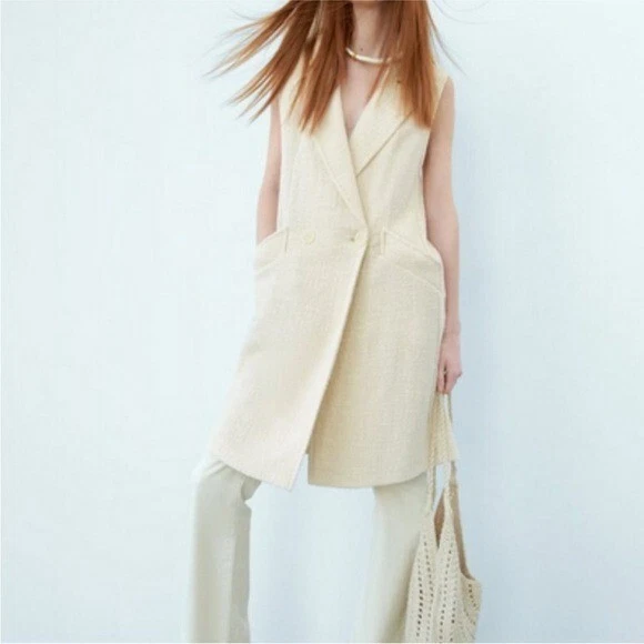 ZARA Cream Tweed Structured Vest Women s Size Medium Cream