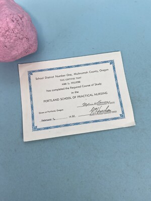 1962 Portland School of Practical Nursing Course of Study Certificate Alma Bille