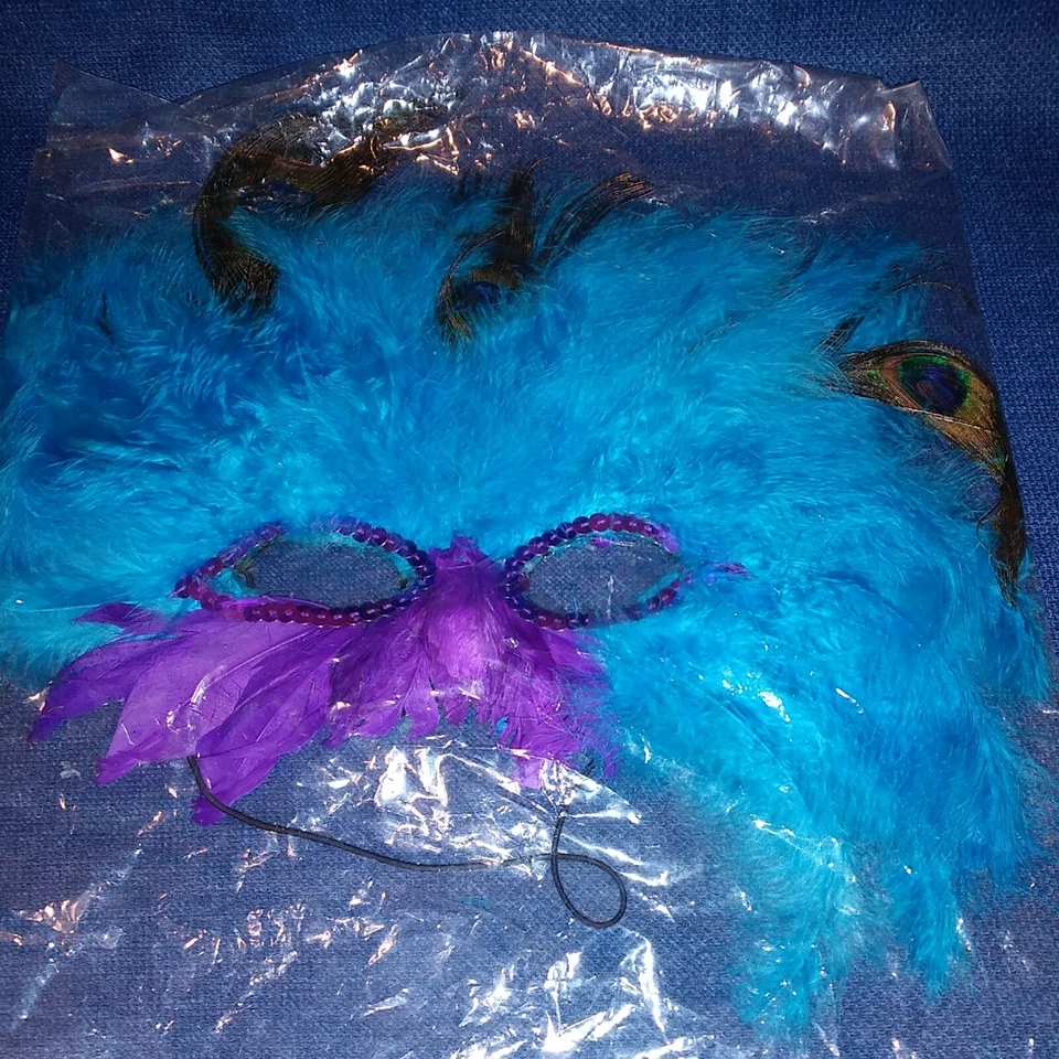 Mardi Gras Masquerade Mask Peacock Feathers Blue Purple Sequin Costume Party New - Image 2 of 4