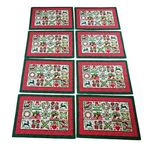 Vintage Reversible Christmas Placemats Quilted Fabric Cottagecore Set of 8