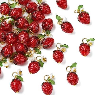 30Pcs Acrylic Lampwork Pendants, Red Strawberry Cute Charms for DIY Crafts