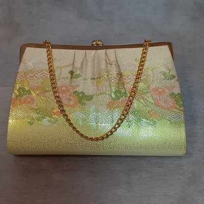 Vintage Japanese Kimono Clutch Bag Gold Green Silk Floral Formal Chain Strap