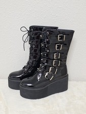 Black platform mid-calf boots, lace-up front, multiple side buckle straps Sz 8.5