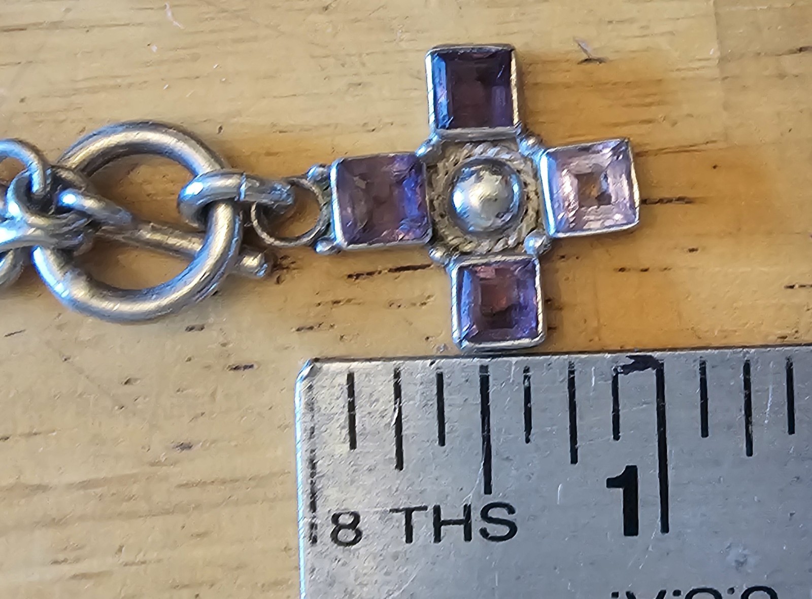 Vintage Solid Silver Chain Necklace Amethyst Cros… - image 5