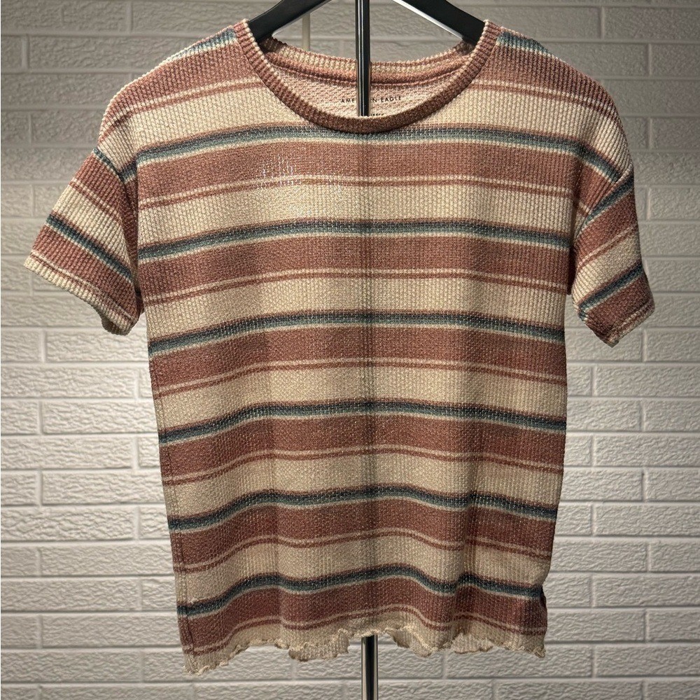 American Eagle Outfitters Tan and Brown Fitted Ribbed T-Shirt