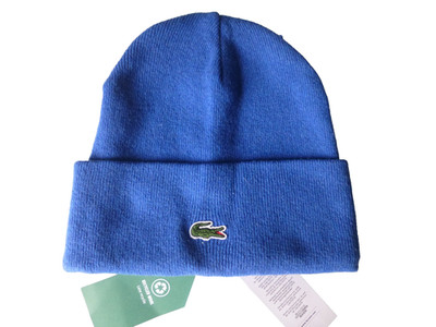 Lacoste Wolle Turn-up Beanie Mütze Herren blau Strick bestickt Kroko Bündchen Kappe neu mit Etikett