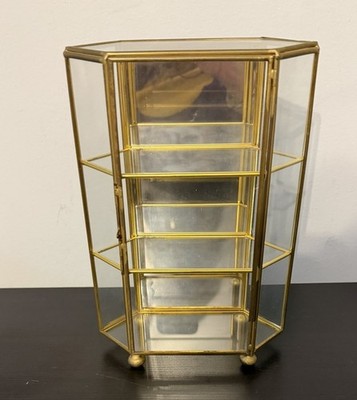 Vintage Brass Glass Mirror Back Curio Cabinet Display Case Hexagonal Small