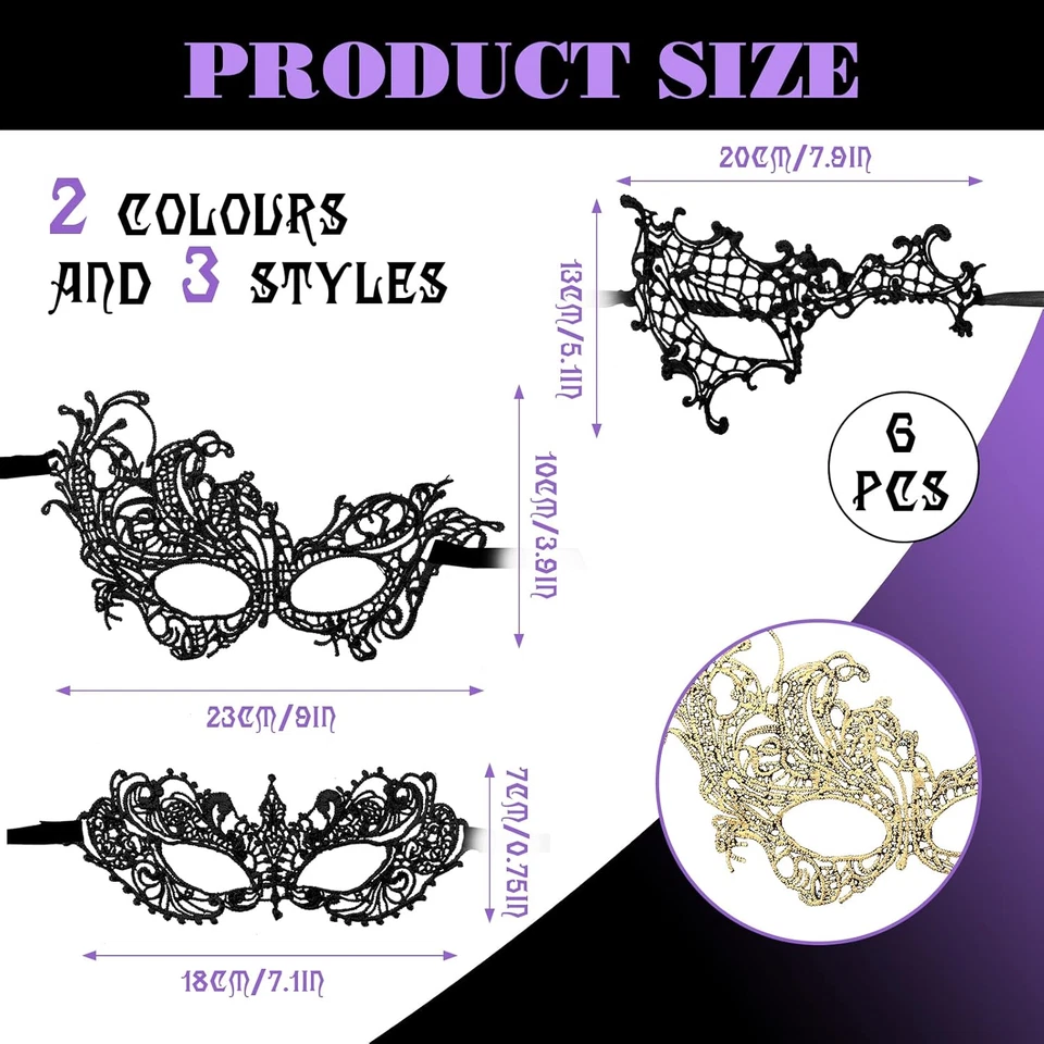 Augenmaske Kostüm Maskenball 6 Stück Damen Maskerade Maske Schwarz Gold Maskerad - Bild 2 von 4