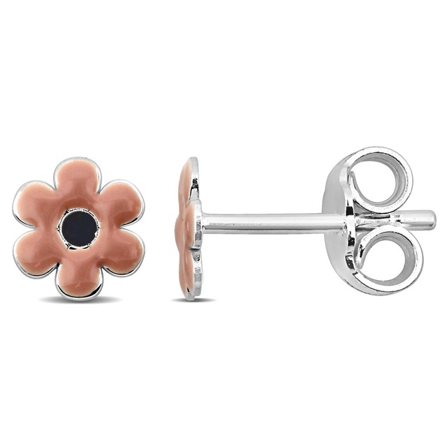 Amour Sterling Silver Pink Enamel Elegant Sophisticated Flower Stud Earrings