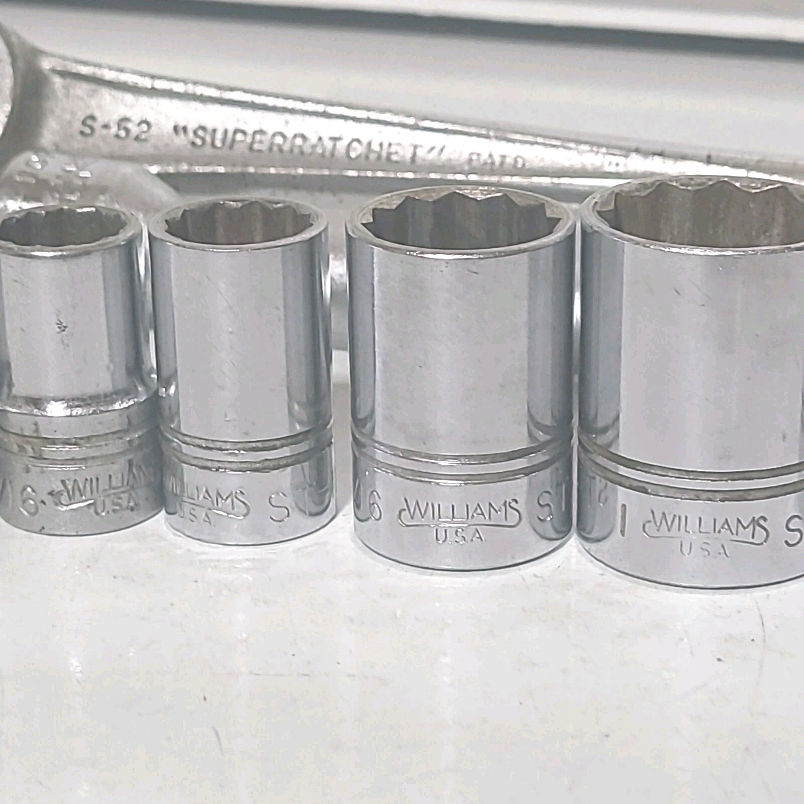 Vintage 15 Pc Williams 1/2" Dr. Mixed Socket Set Scroll Logo S-52 Ratchet Tools 