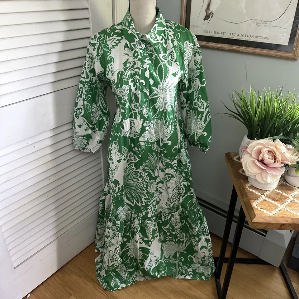 MAEVE ANTHROPOLOGIE Mujer Camisa Vestido XS Verde Floral En Niveles Maxi Bettina Foto 3 de 4