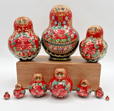 Vtg. Hand Painted 10 Pc Set Red Pink Floral Russian Matryoshka Nesting Dolls