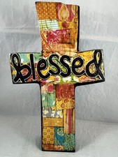 Colorful Devotions Blessed Mixed Pattern Wooden Cross Sign Home Decor