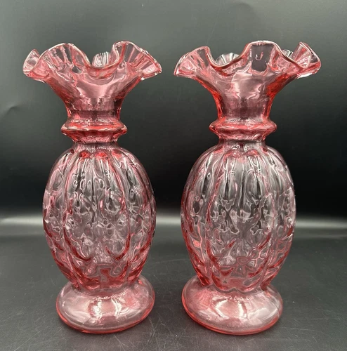 Vintage Set 2 Fenton Glass 8"H Vases Cranberry Diamond Optic Melon Ruffled Top