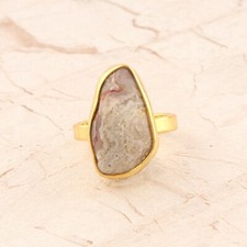 Popular Design Natural Crazy Lace Agate Stone Yellow Gold Plated Adjustable Ring