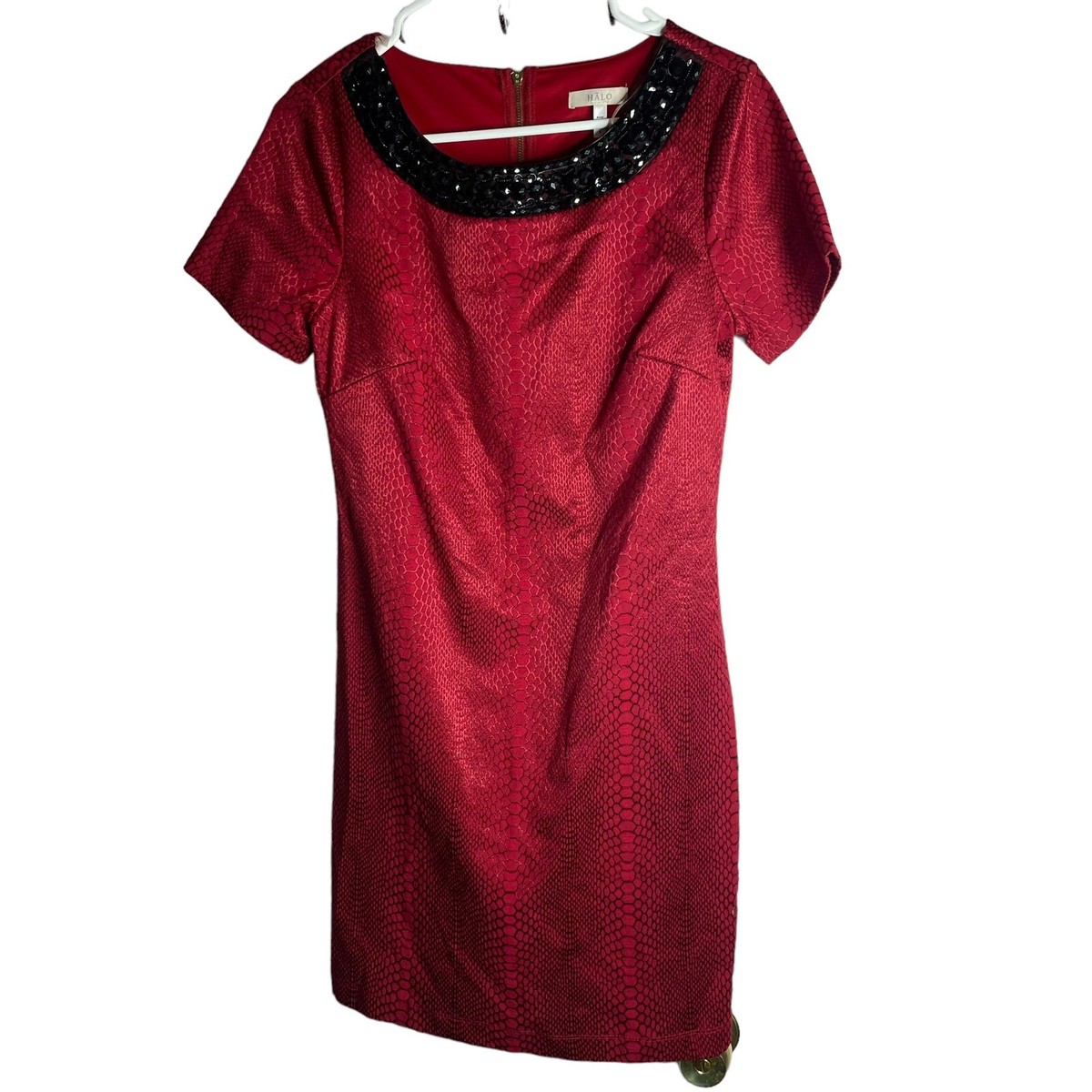 Halo Red Snakeskin Dress Black Beaded Neckline Womens S Short Sleeve Cocktail | eBay Halo Red Snakeskin Dress Black Beaded Neckline Womens S Short Sleeve Cocktail | eBay