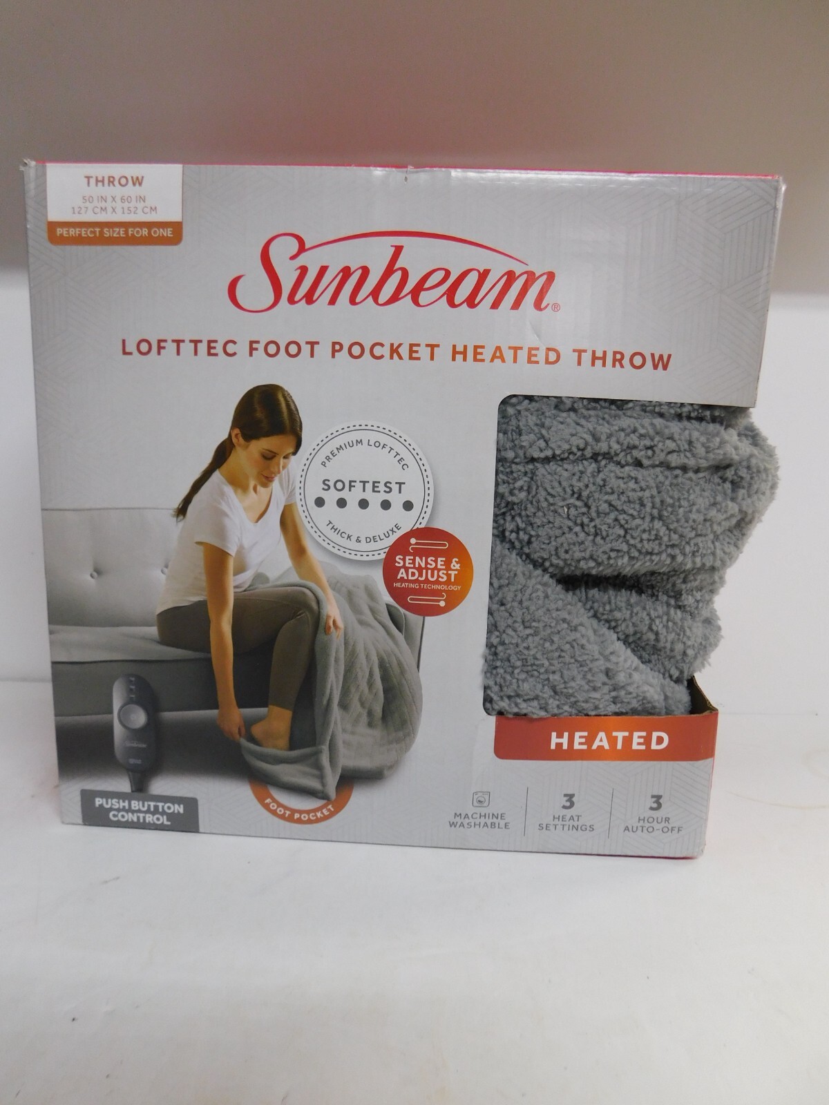 Sunbeam Lofttec Foot Pocket Heated Throw w/3Heat SettingGreyNew in Box eBay