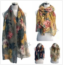 Women Ladies Long Vintage Rose Flower Print Pattern Shawl Scarf  Warp Stole
