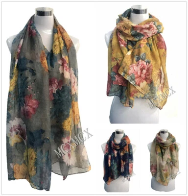 Women Ladies Long Vintage Rose Flower Print Pattern Shawl Scarf Warp Stole