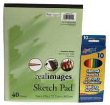 New Sketch Pad Book 9" x 12" Art Drawing Paper 40 sheets  Colored Pencils Set