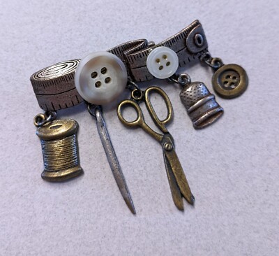 Pewter Brooch Pin Sewing, Dangling Charms, Scissors Button Needle Thread Thimble