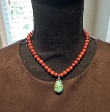CORAL BEAD & TURQUOISE NUGGET STERLING FINDINGS NECKLACE 16.5”