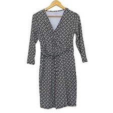 Talbots Black Ivory Geometric Sheath 3/4 Sleeve V Neck Dress Pleated Draped SP
