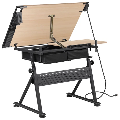 Adjustable Drafting Table and Stool Set with Outlet and Storage Drawers 3 Colors - Picture 5 of 26