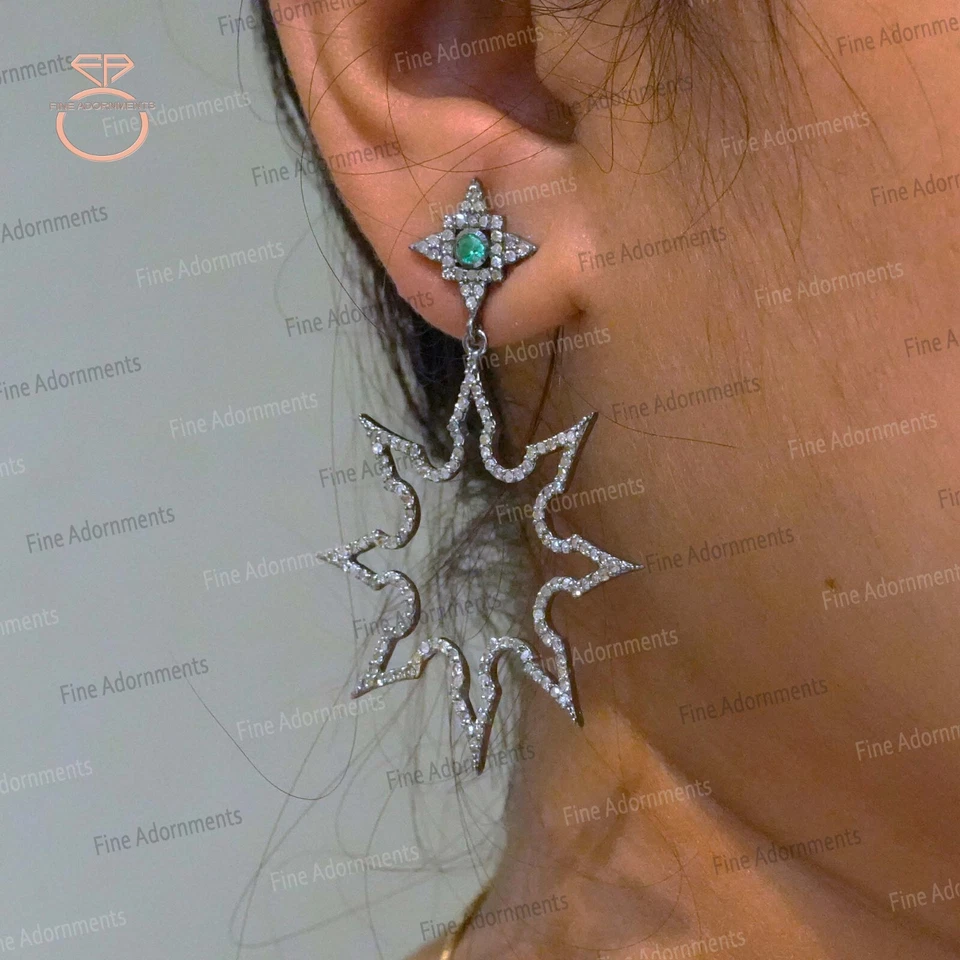 Solid 925 Silver Earrings Natural Diamond & Emerald Earrings Handmade Jewelry - Image 3 of 4