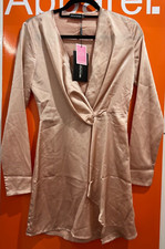Pretty Little Thing Nude Satin Long Sleeve Wrap Dress, Size 6, BNWT, RRP £32,sf